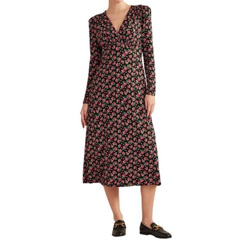 NWT Boden Women’s Jersey Tea Midi Dress Diamond Rose Floral Black Pink 6 Petite